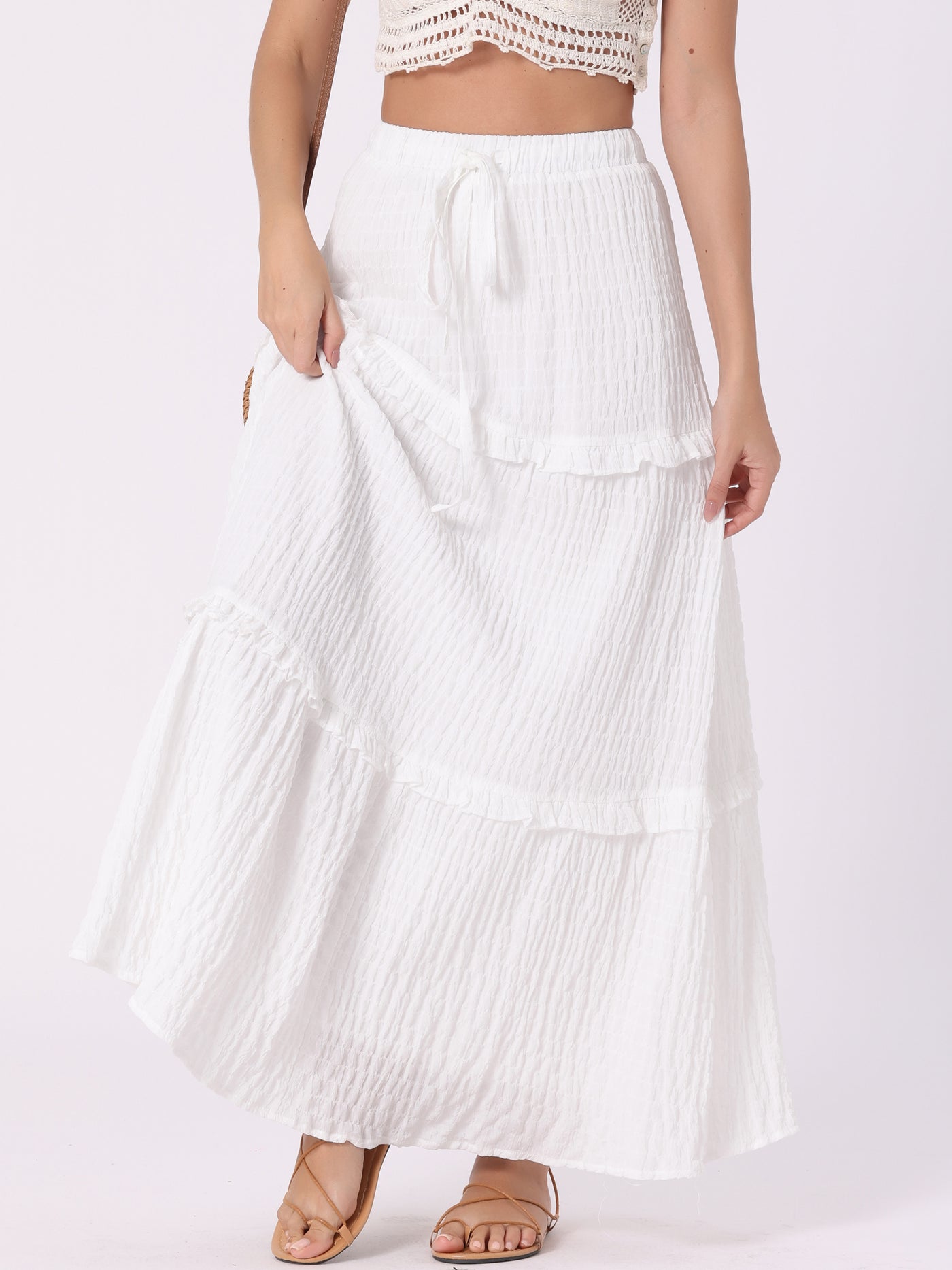 Allegra K Tiered Belt Ruffle Lattice Texture Casual A-Line Maxi Skirt