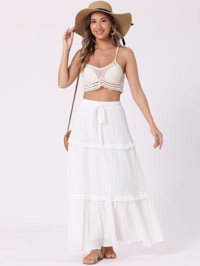 Tiered Belt Ruffle Lattice Texture Casual A-Line Maxi Skirt