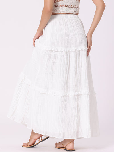 Tiered Belt Ruffle Lattice Texture Casual A-Line Maxi Skirt