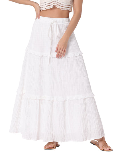 Tiered Belt Ruffle Lattice Texture Casual A-Line Maxi Skirt