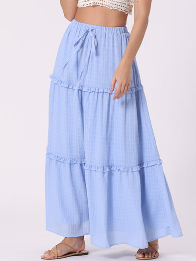 Tiered Belt Ruffle Lattice Texture Casual A-Line Maxi Skirt