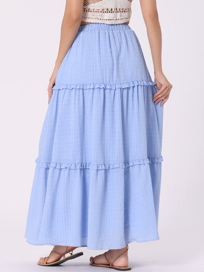 Tiered Belt Ruffle Lattice Texture Casual A-Line Maxi Skirt