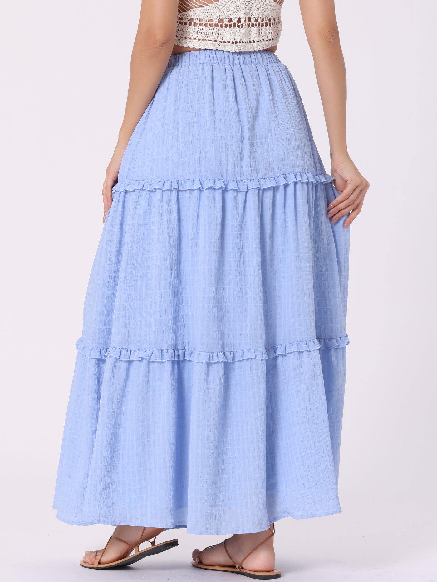 Allegra K Tiered Belt Ruffle Lattice Texture Casual A-Line Maxi Skirt