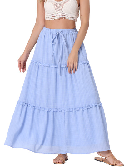 Tiered Belt Ruffle Lattice Texture Casual A-Line Maxi Skirt