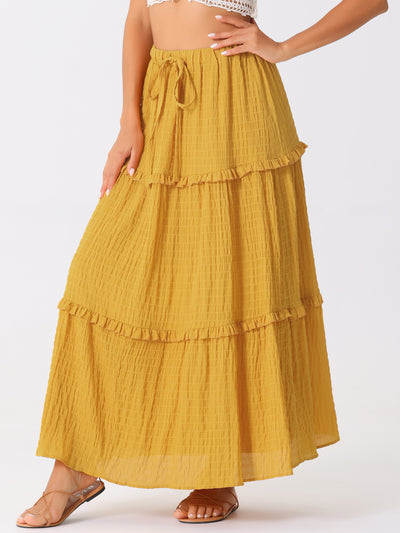 Tiered Belt Ruffle Lattice Texture Casual A-Line Maxi Skirt