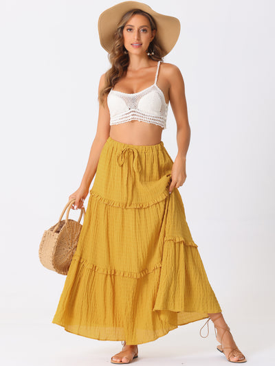 Tiered Belt Ruffle Lattice Texture Casual A-Line Maxi Skirt