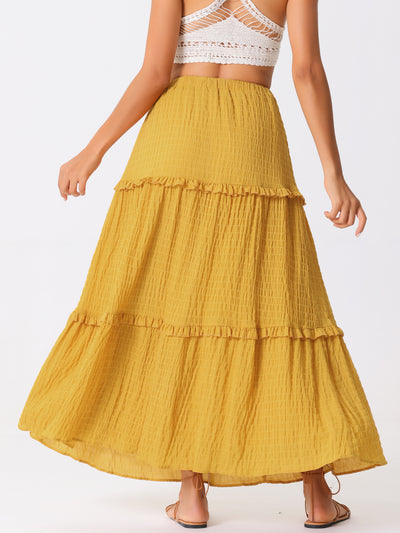 Tiered Belt Ruffle Lattice Texture Casual A-Line Maxi Skirt