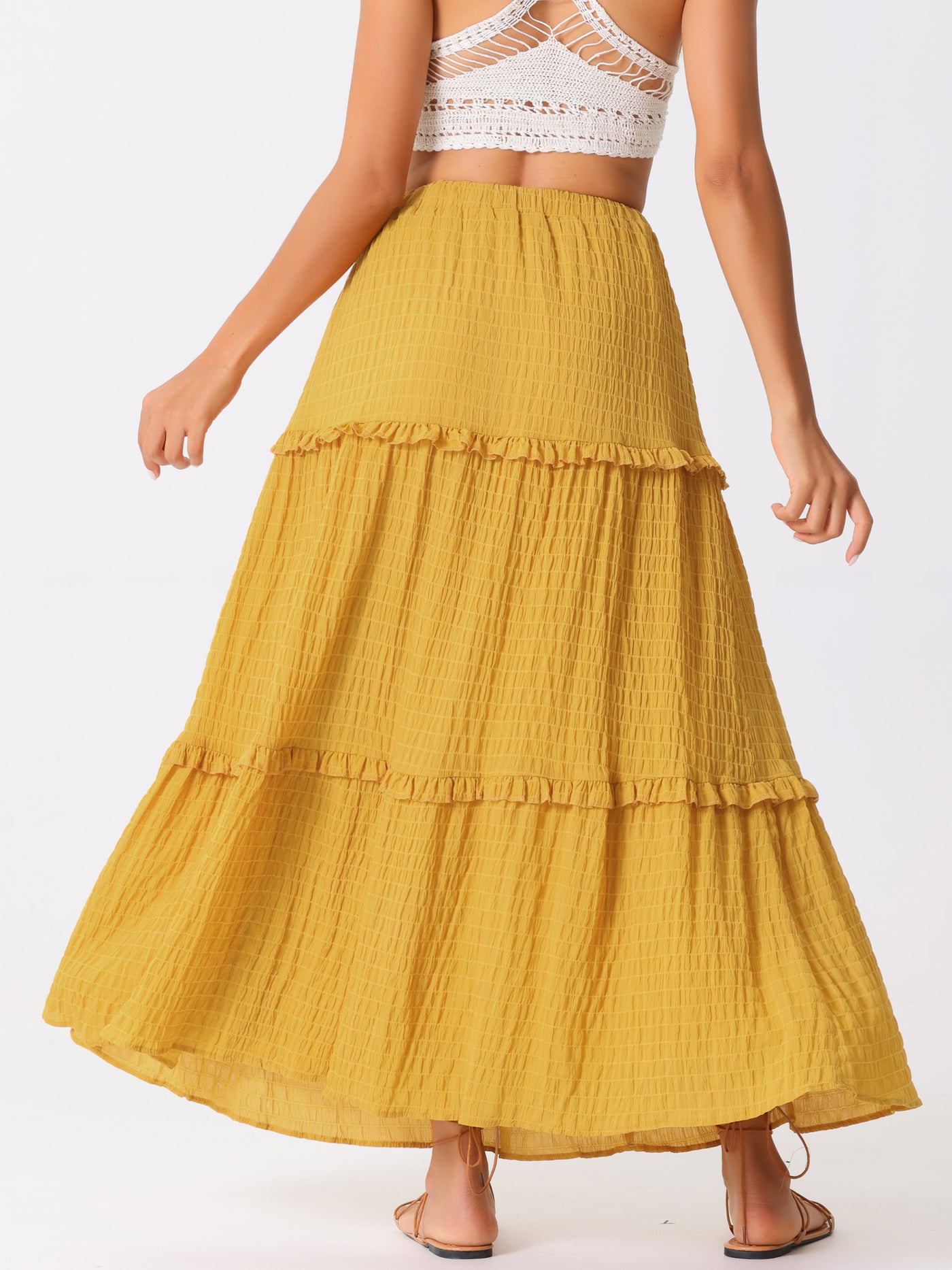 Allegra K Tiered Belt Ruffle Lattice Texture Casual A-Line Maxi Skirt