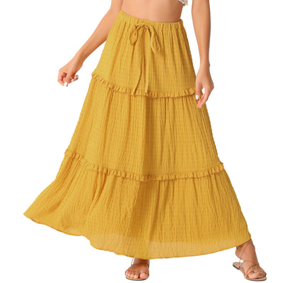 Tiered Belt Ruffle Lattice Texture Casual A-Line Maxi Skirt