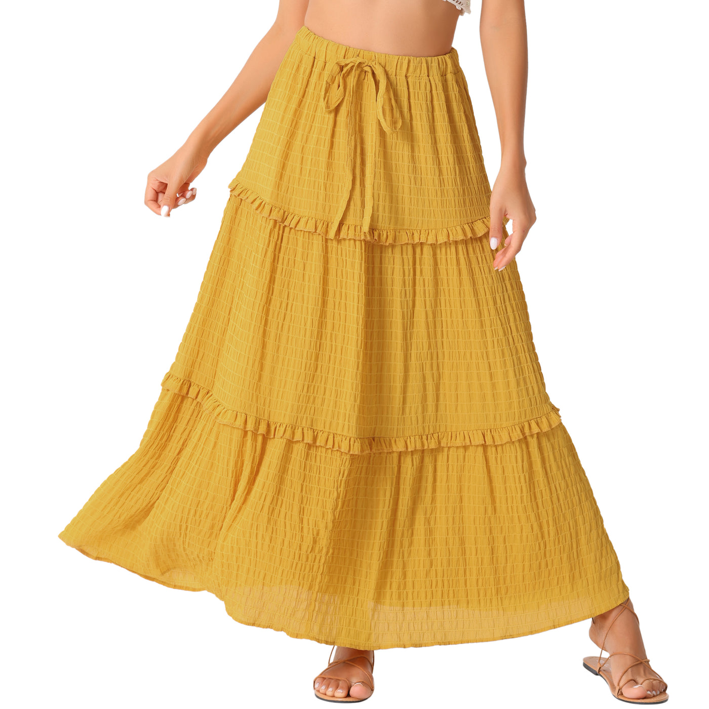 Allegra K Tiered Belt Ruffle Lattice Texture Casual A-Line Maxi Skirt