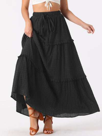 Tiered Belt Ruffle Lattice Texture Casual A-Line Maxi Skirt