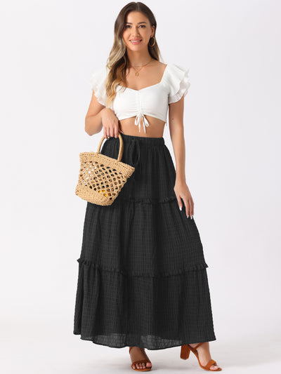 Tiered Belt Ruffle Lattice Texture Casual A-Line Maxi Skirt