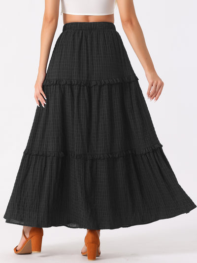 Tiered Belt Ruffle Lattice Texture Casual A-Line Maxi Skirt