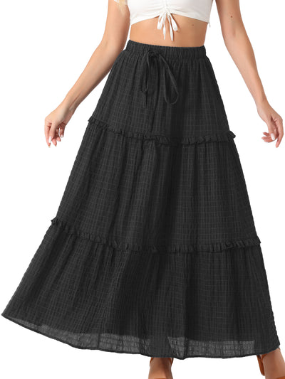 Tiered Belt Ruffle Lattice Texture Casual A-Line Maxi Skirt