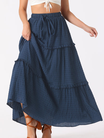 Tiered Belt Ruffle Lattice Texture Casual A-Line Maxi Skirt