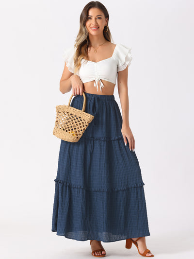 Tiered Belt Ruffle Lattice Texture Casual A-Line Maxi Skirt