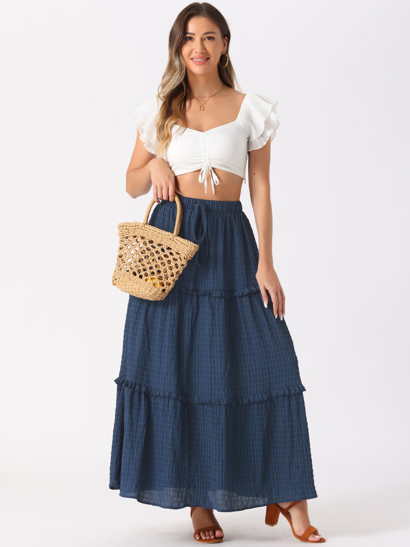 Allegra K Tiered Belt Ruffle Lattice Texture Casual A-Line Maxi Skirt