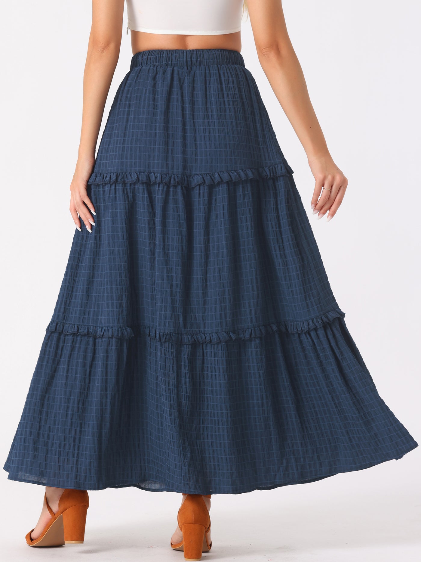 Allegra K Tiered Belt Ruffle Lattice Texture Casual A-Line Maxi Skirt