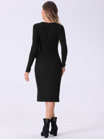 V Neck Long Sleeve Tie Waist Sheath Casual Midi Wrap Dress