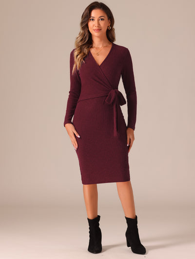 V Neck Long Sleeve Tie Waist Sheath Casual Midi Wrap Dress