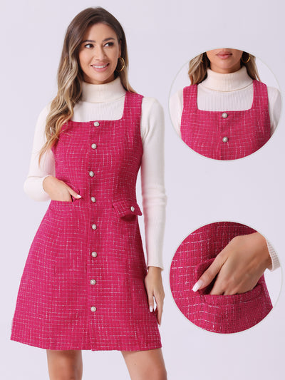 Tweed Sleeveless Button Up Pockets A-Line Pinafore Overall Dress