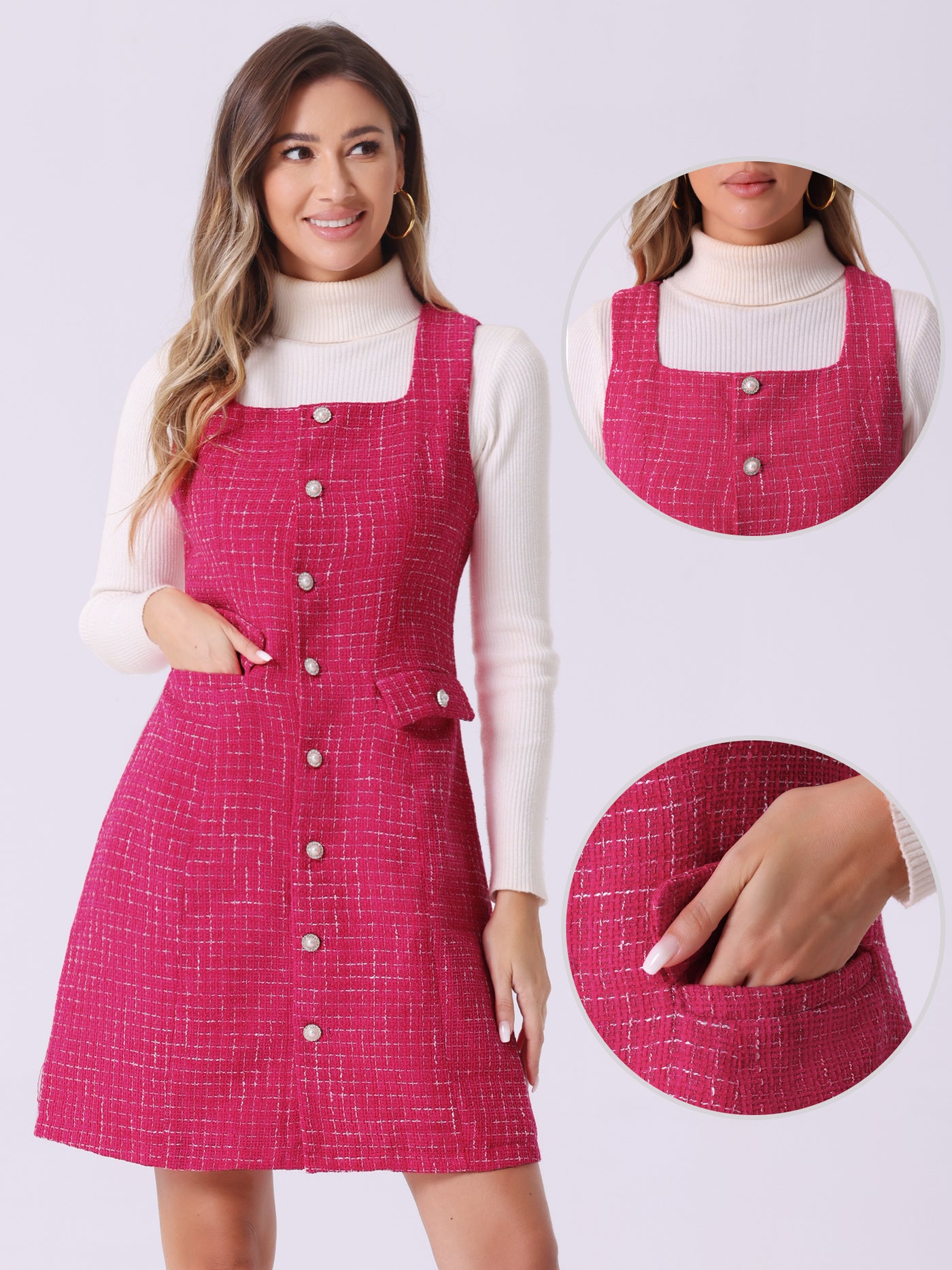 Allegra K Tweed Sleeveless Button Up Pockets A-Line Pinafore Overall Dress