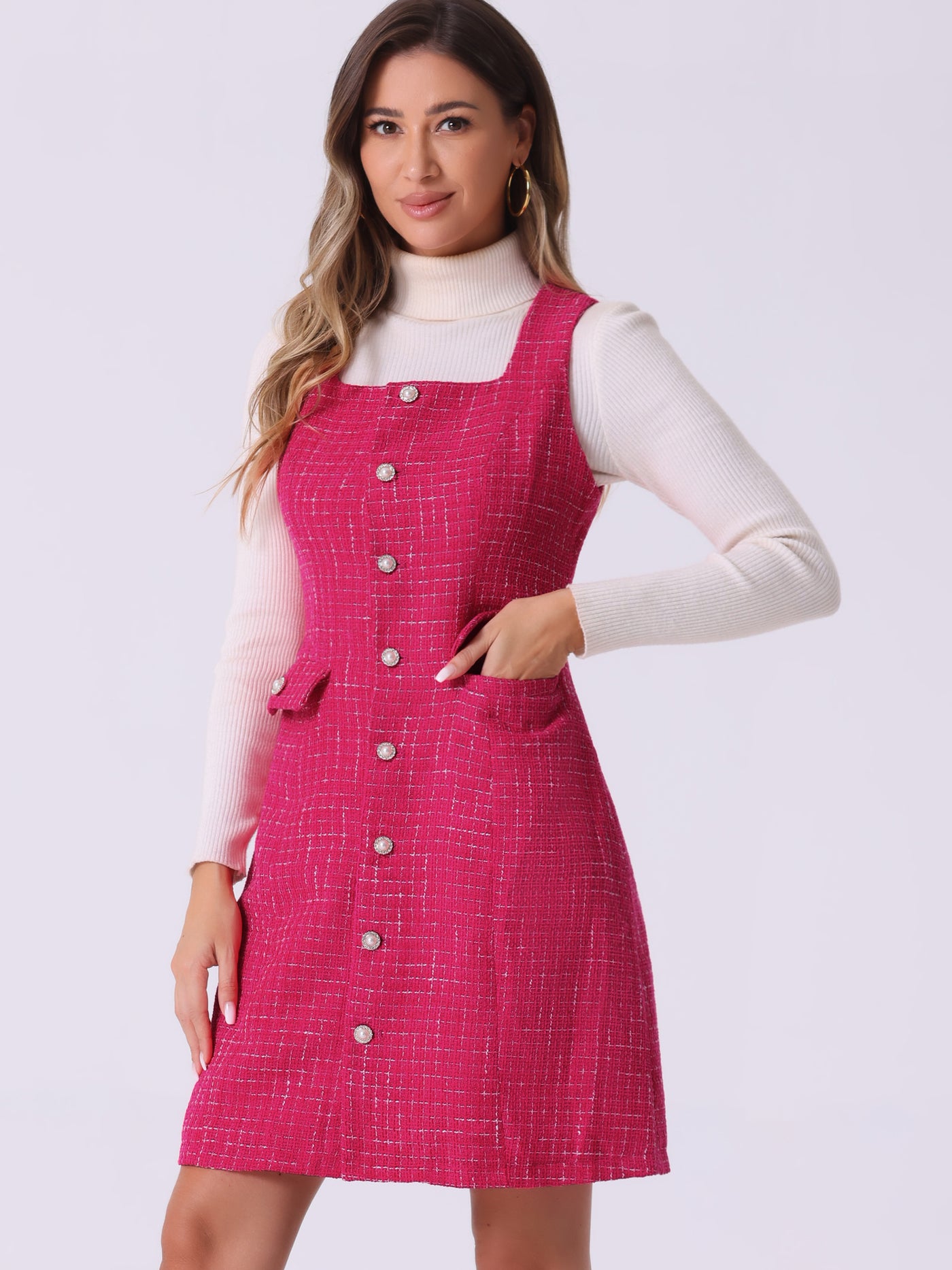 Allegra K Tweed Sleeveless Button Up Pockets A-Line Pinafore Overall Dress