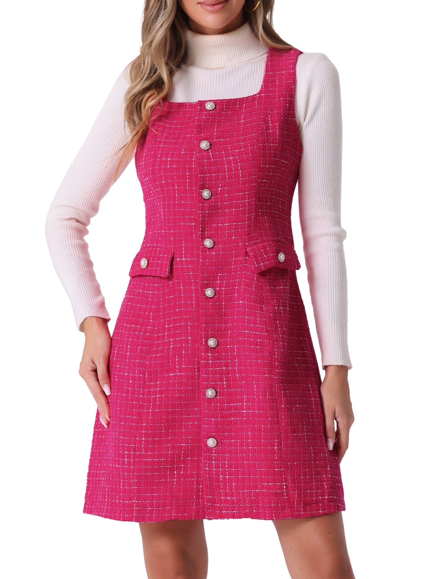 Allegra K Tweed Sleeveless Button Up Pockets A-Line Pinafore Overall Dress