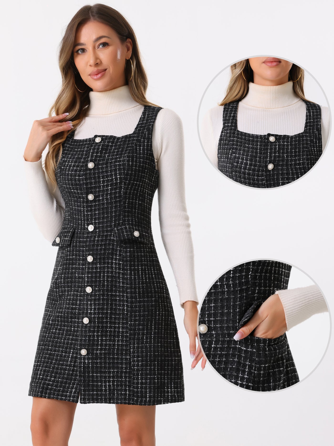 Allegra K Tweed Sleeveless Button Up Pockets A-Line Pinafore Overall Dress