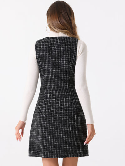 Tweed Sleeveless Button Up Pockets A-Line Pinafore Overall Dress