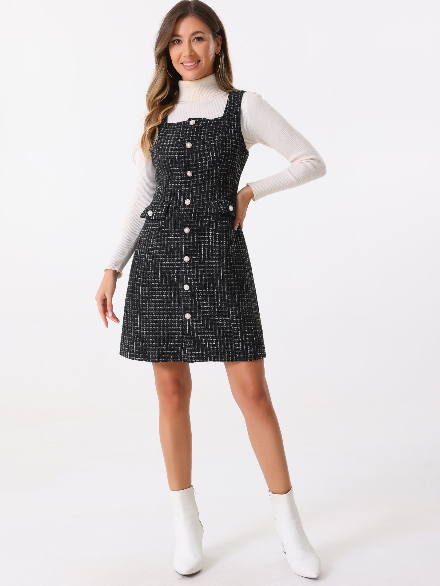 Allegra K Tweed Sleeveless Button Up Pockets A-Line Pinafore Overall Dress