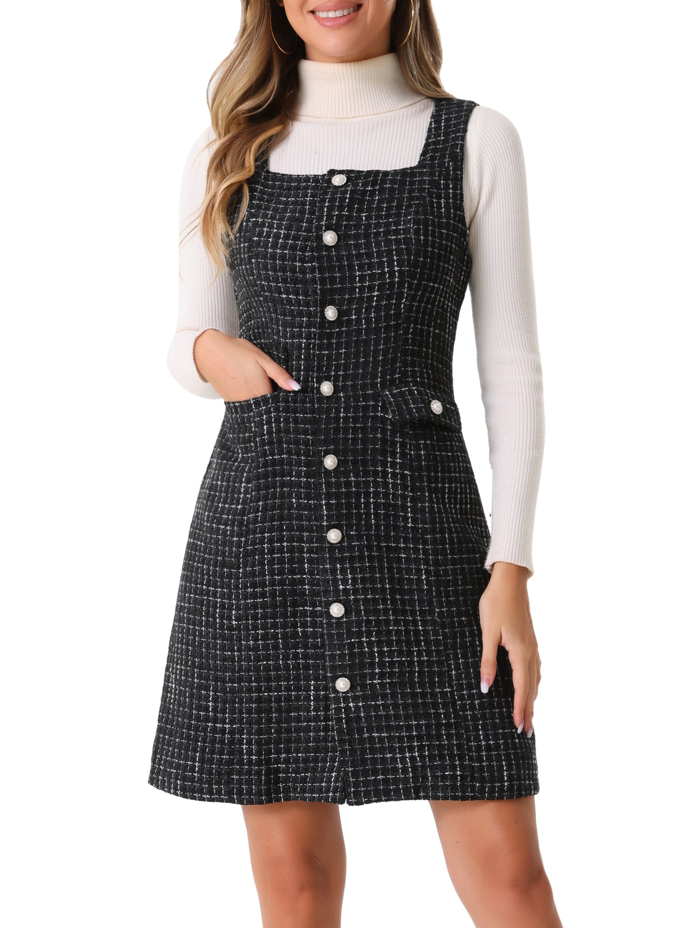 Allegra K Tweed Sleeveless Button Up Pockets A-Line Pinafore Overall Dress