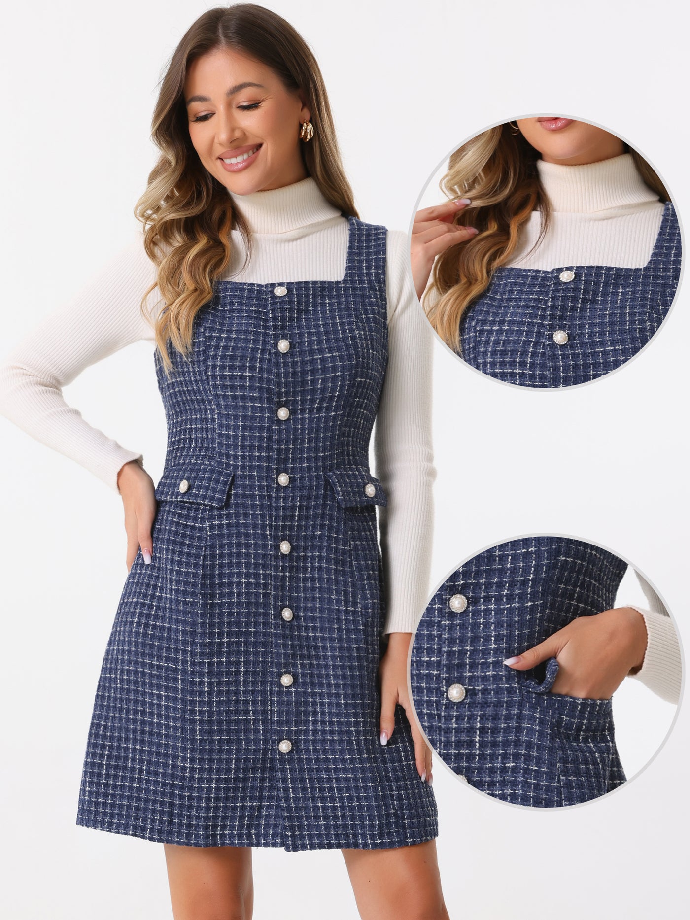 Allegra K Tweed Sleeveless Button Up Pockets A-Line Pinafore Overall Dress