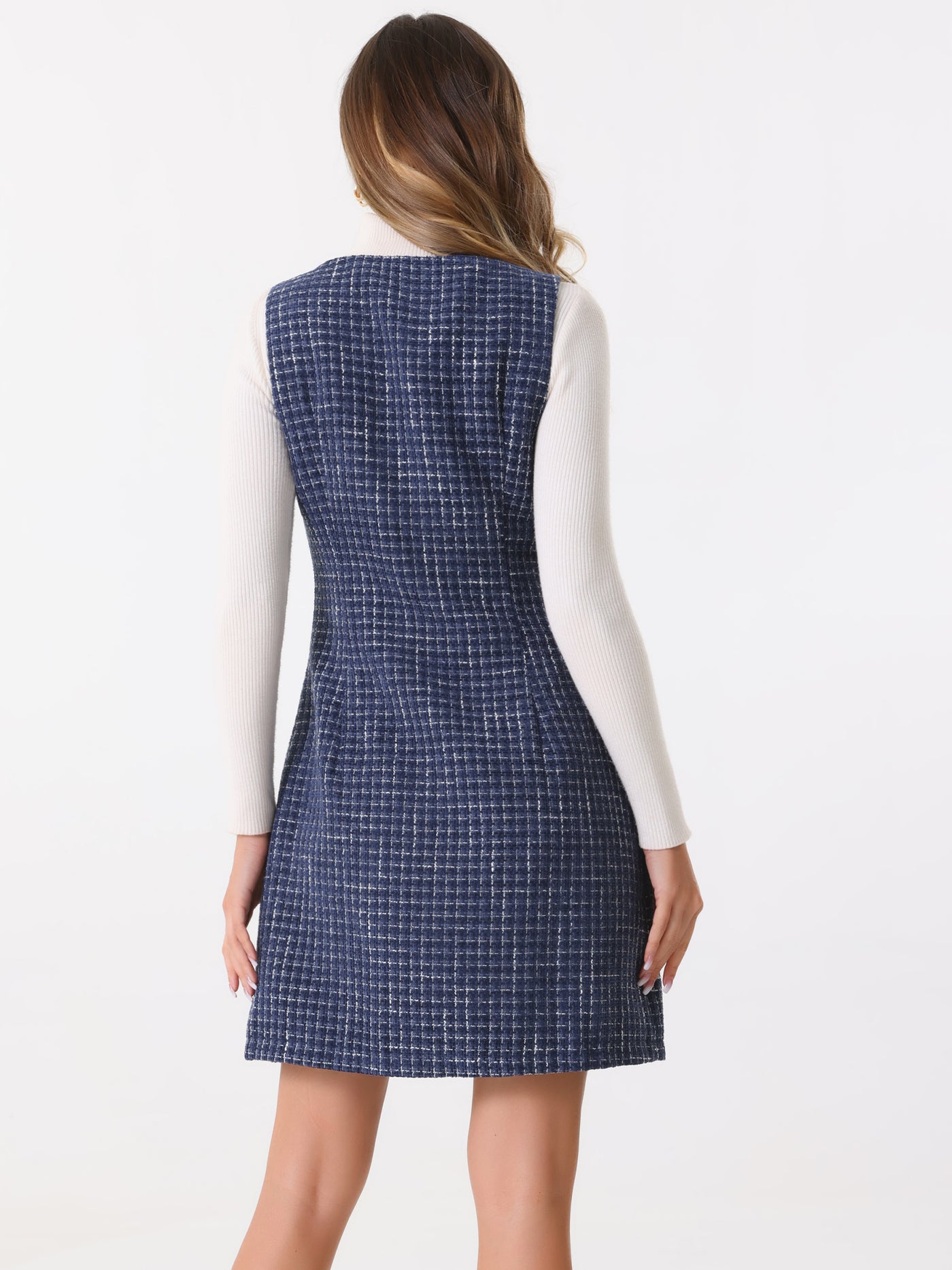 Allegra K Tweed Sleeveless Button Up Pockets A-Line Pinafore Overall Dress