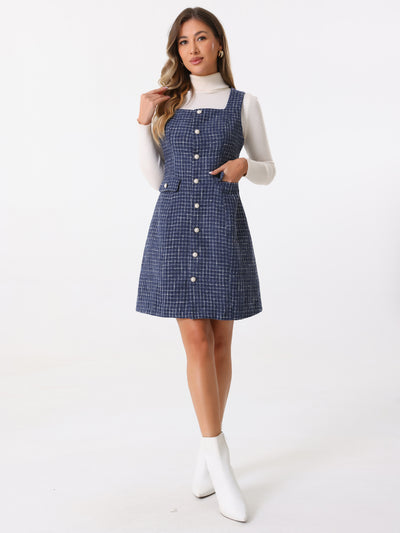 Tweed Sleeveless Button Up Pockets A-Line Pinafore Overall Dress