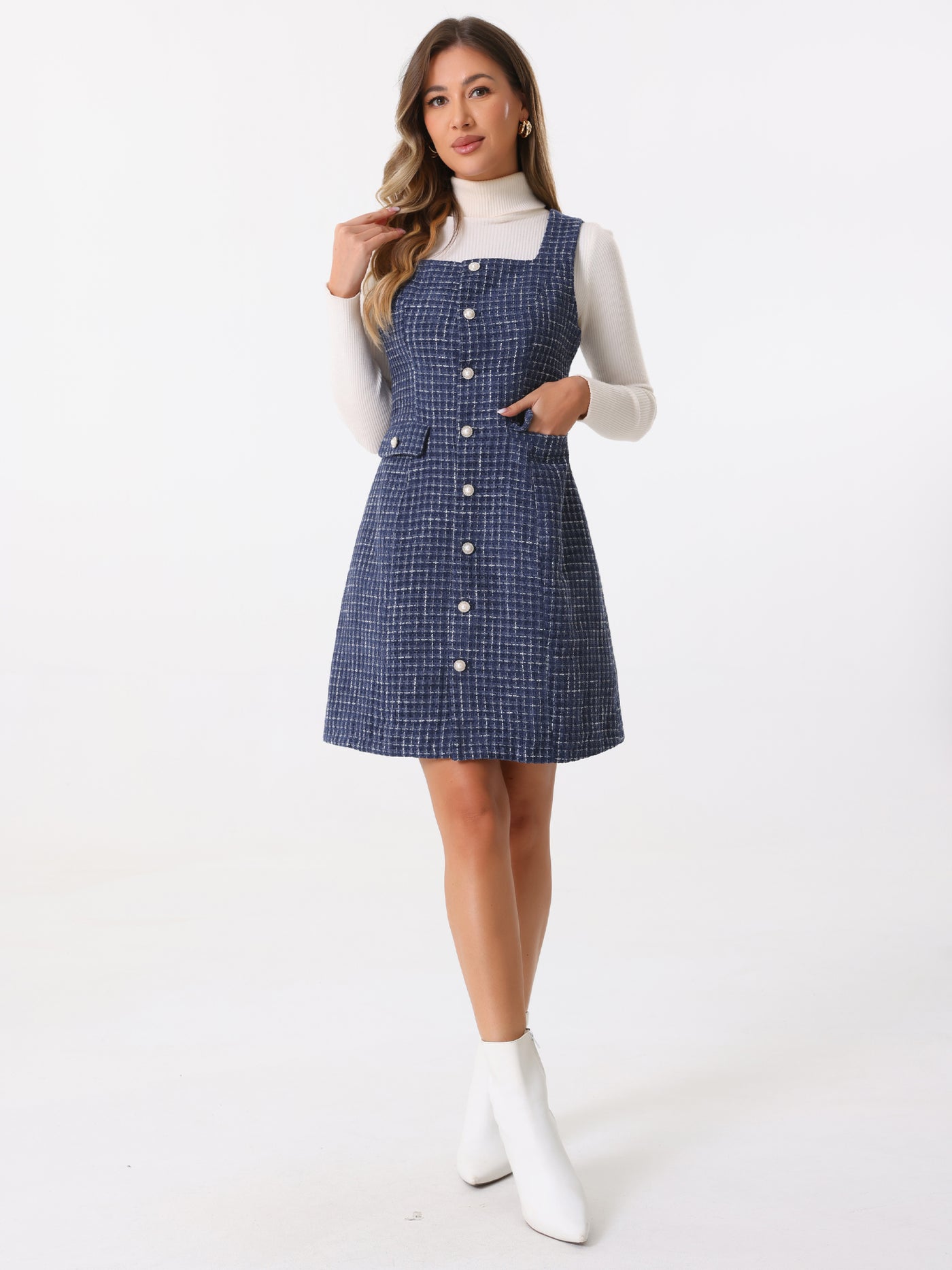 Allegra K Tweed Sleeveless Button Up Pockets A-Line Pinafore Overall Dress