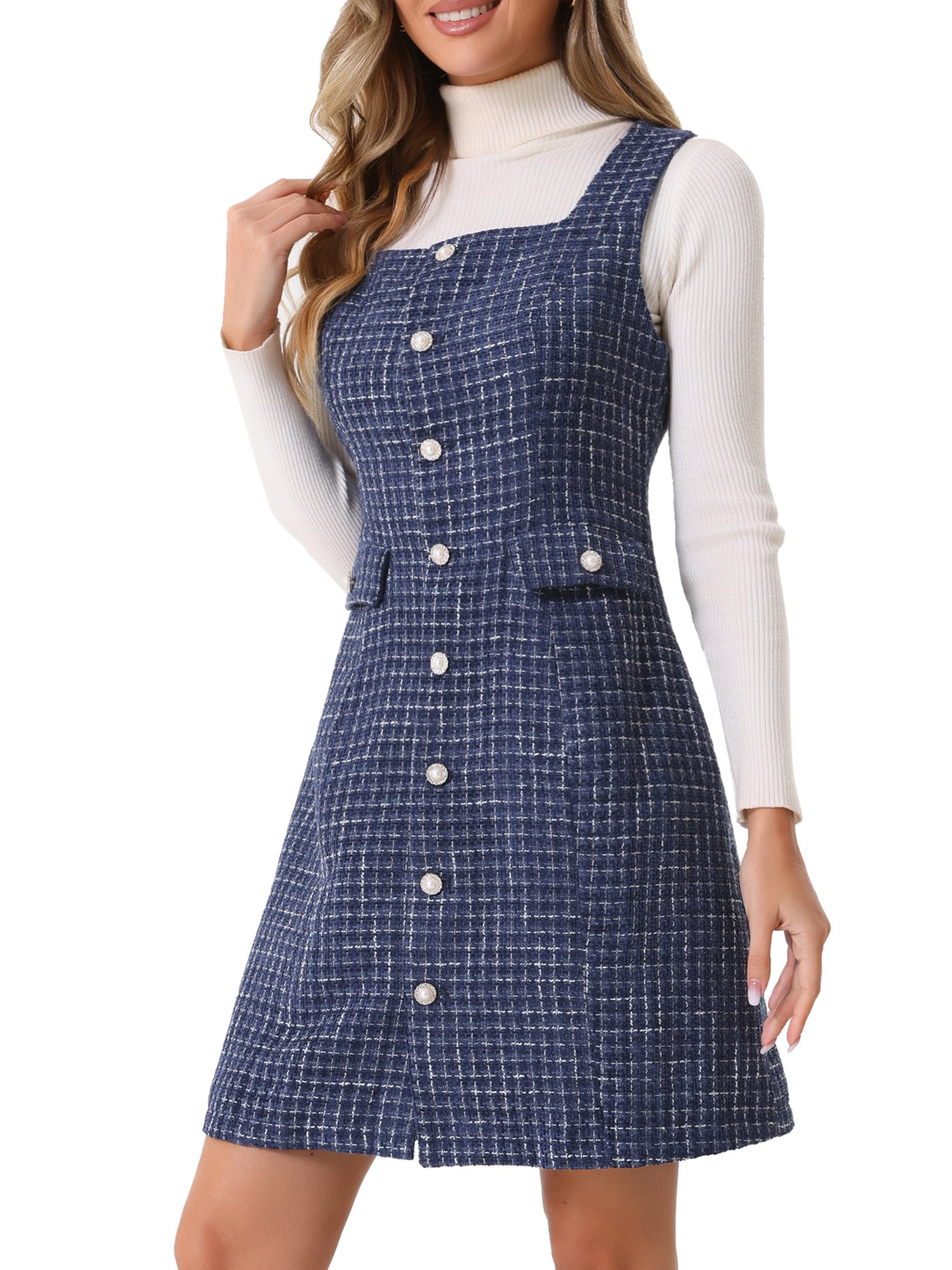 Allegra K Tweed Sleeveless Button Up Pockets A-Line Pinafore Overall Dress