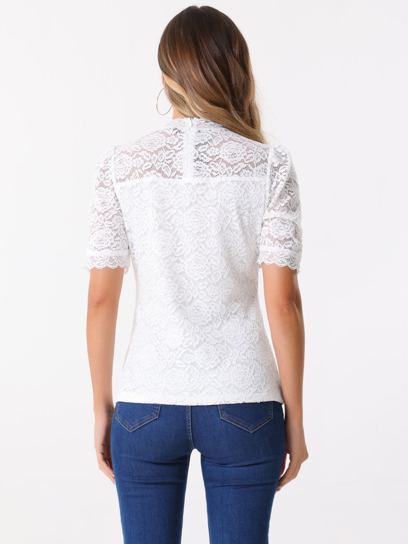 Allegra K Floral Lace Mock Neck Puff Short Sleeve Blouse