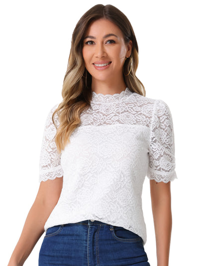 Floral Lace Mock Neck Puff Short Sleeve Blouse