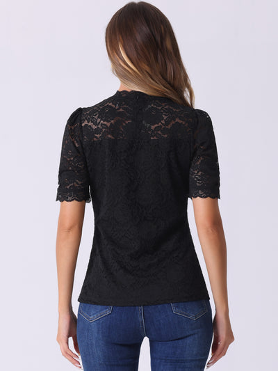 Floral Lace Mock Neck Puff Short Sleeve Blouse