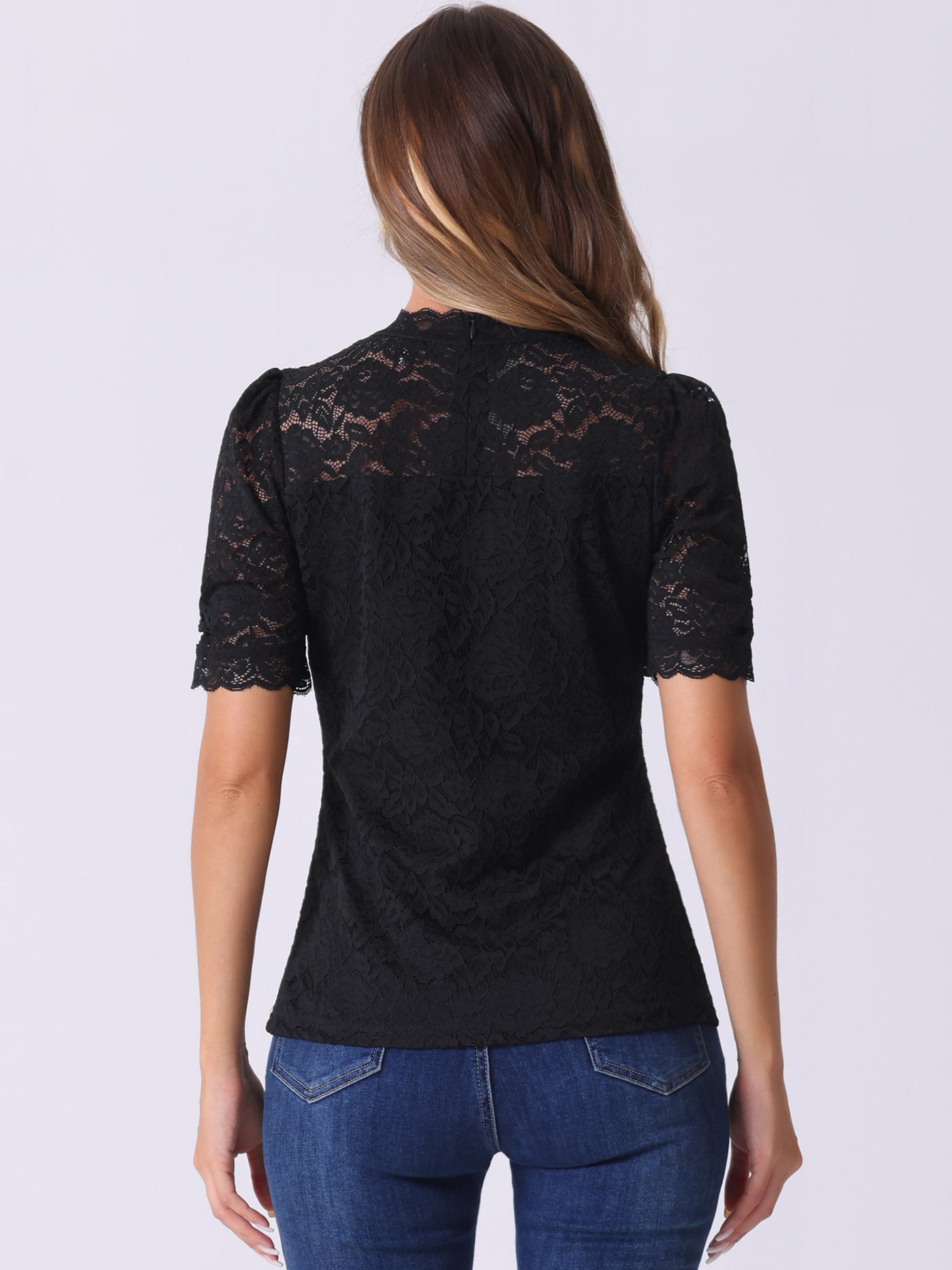 Allegra K Floral Lace Mock Neck Puff Short Sleeve Blouse