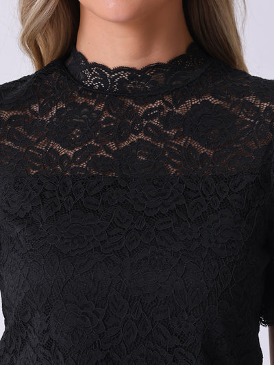 Floral Lace Mock Neck Puff Short Sleeve Blouse