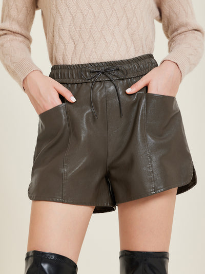 Faux Leather High Elastic Waist PU Shorts with Pockets