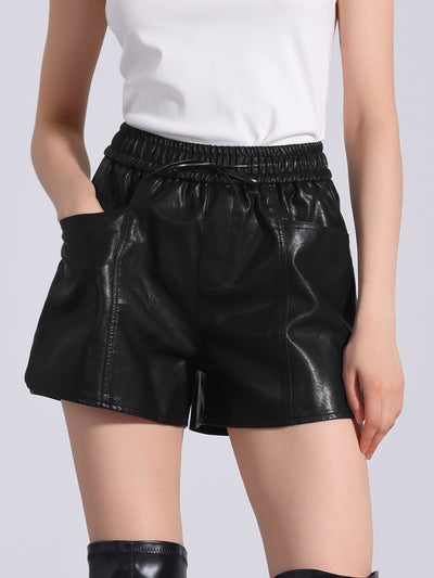 Faux Leather High Elastic Waist PU Shorts with Pockets