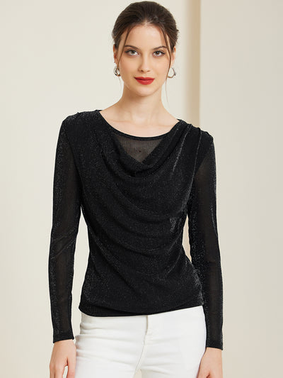 Ruched Cowl Neck Long Sleeves Glitter Blouse