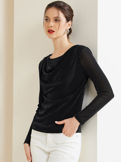 Ruched Cowl Neck Long Sleeves Glitter Blouse