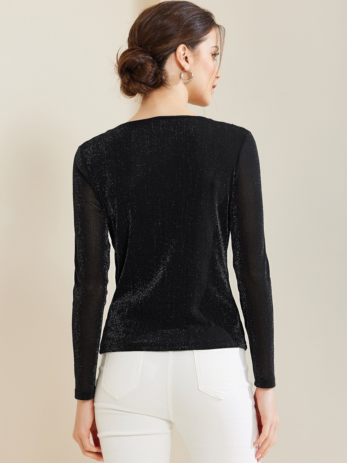 Allegra K Ruched Cowl Neck Long Sleeves Glitter Blouse