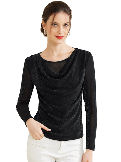 Ruched Cowl Neck Long Sleeves Glitter Blouse