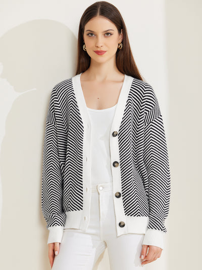 Striped Open Front Button Down V Neck Cardigan Sweaters