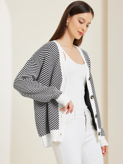 Striped Open Front Button Down V Neck Cardigan Sweaters